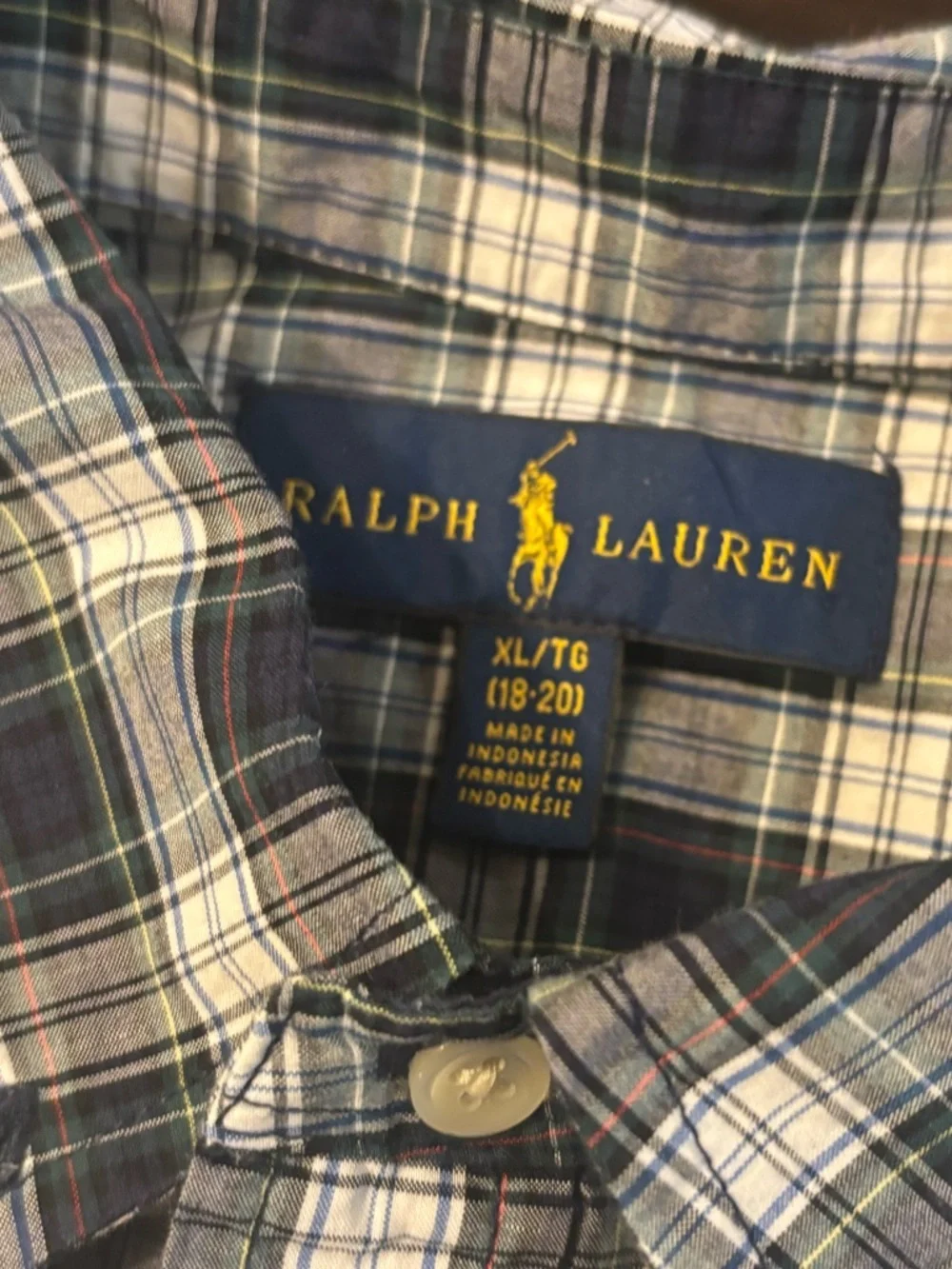 Ralph Lauren Navy and White Plaid Button-Down Shirt boy’s size XL 18/20